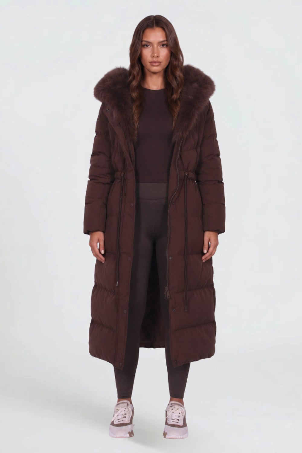 Christine | Women's Long Padded Winter Coat, Hooded Faux Fur Collar Jacket | The Dress Cellar | Brown