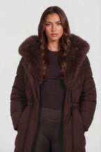 Christine | Women's Long Padded Winter Coat, Hooded Faux Fur Collar Jacket | The Dress Cellar