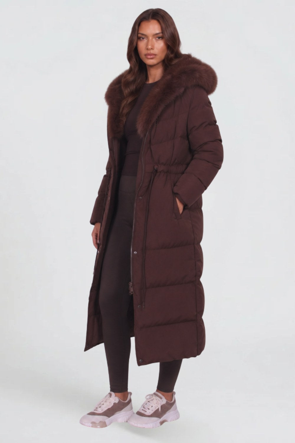 Christine | Women's Long Padded Winter Coat, Hooded Faux Fur Collar Jacket | The Dress Cellar