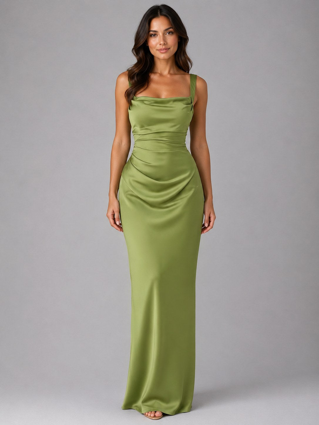 Nora | Women's Satin Maxi Dress with Ruched Waist, Sculpted Evening Dress | The Dress Cellar | Green