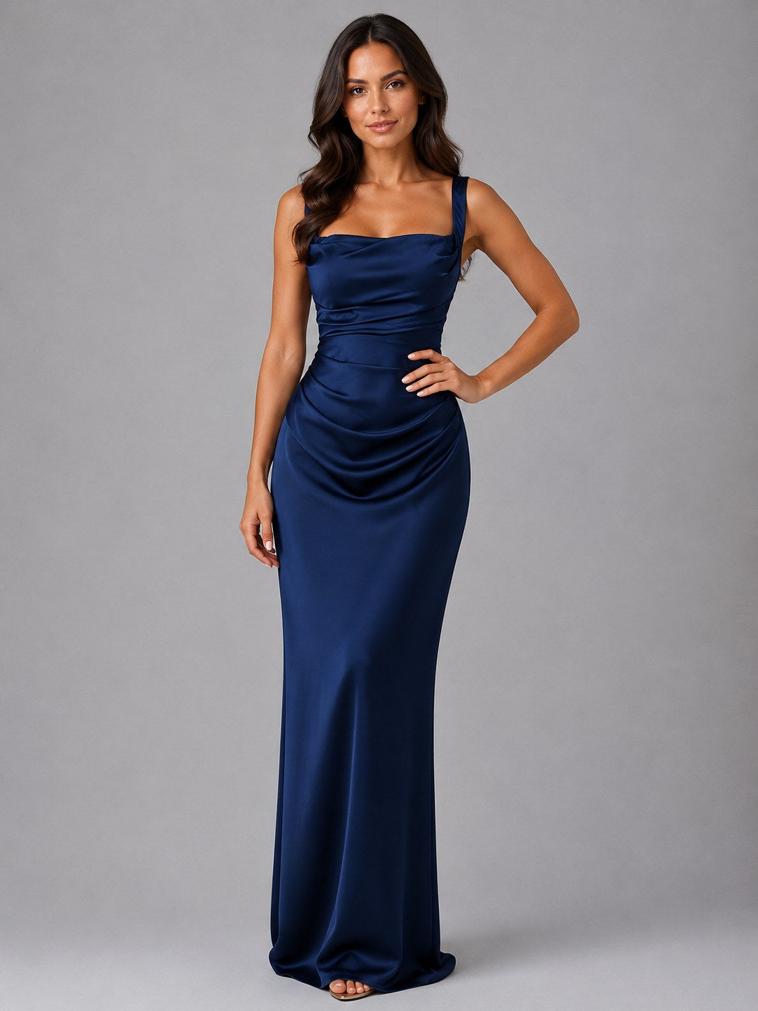 Nora | Women's Satin Maxi Dress with Ruched Waist, Sculpted Evening Dress | The Dress Cellar