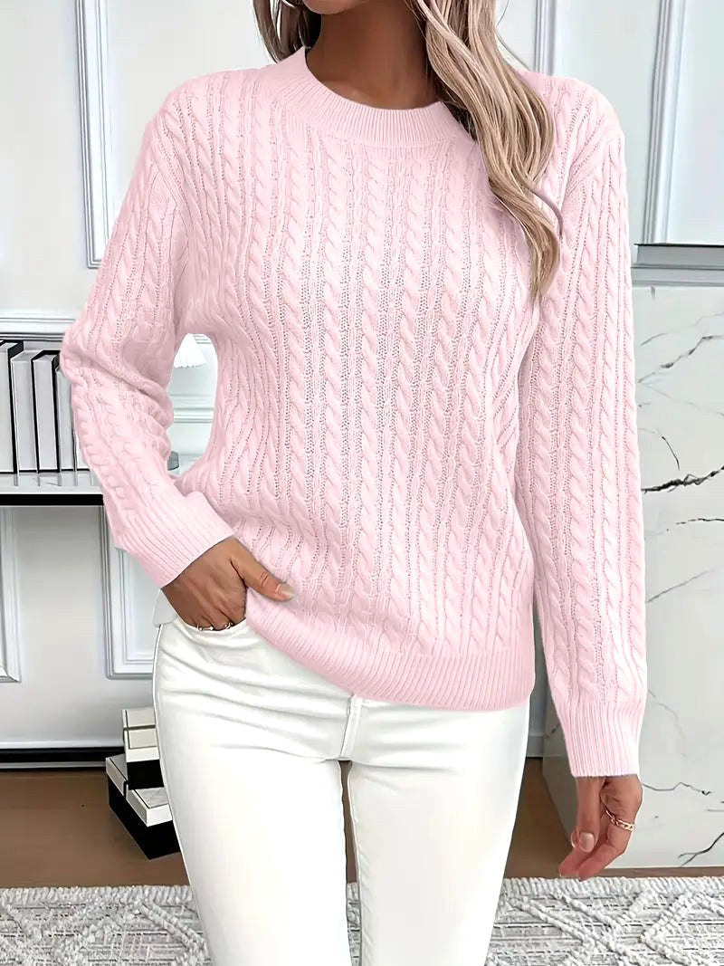 Odile | Women's Long Sleeve Cable Knit Jumper, Textured Autumn Sweater | The Dress Cellar | Pink
