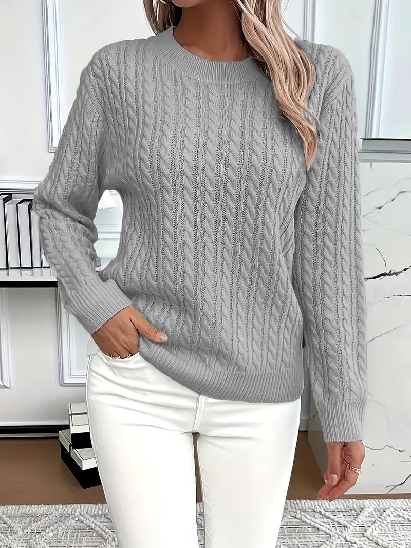 Odile | Women's Long Sleeve Cable Knit Jumper, Textured Autumn Sweater | The Dress Cellar | Grey