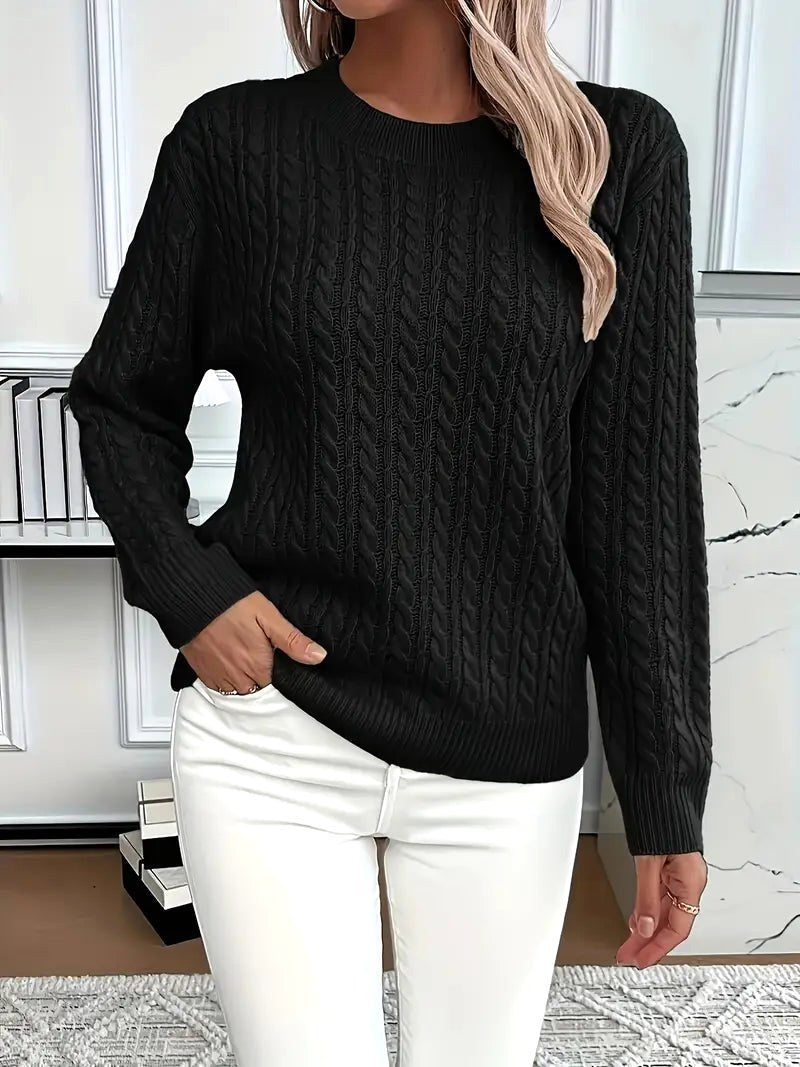 Odile | Women's Long Sleeve Cable Knit Jumper, Textured Autumn Sweater | The Dress Cellar | Black