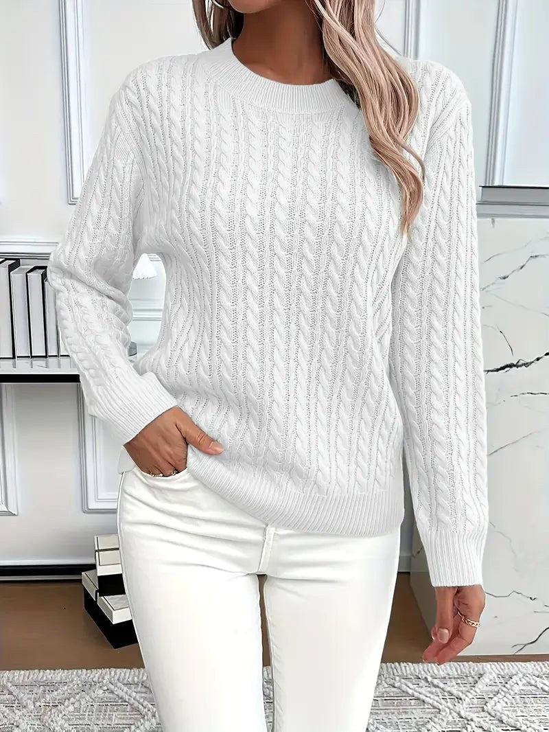 Odile | Women's Long Sleeve Cable Knit Jumper, Textured Autumn Sweater | The Dress Cellar | White