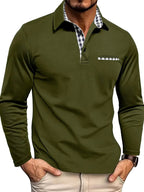 Oliver | Men's Long-Sleeved Polo Shirt, Checked Collar Smart Polo | The Dress Cellar | Olive Green