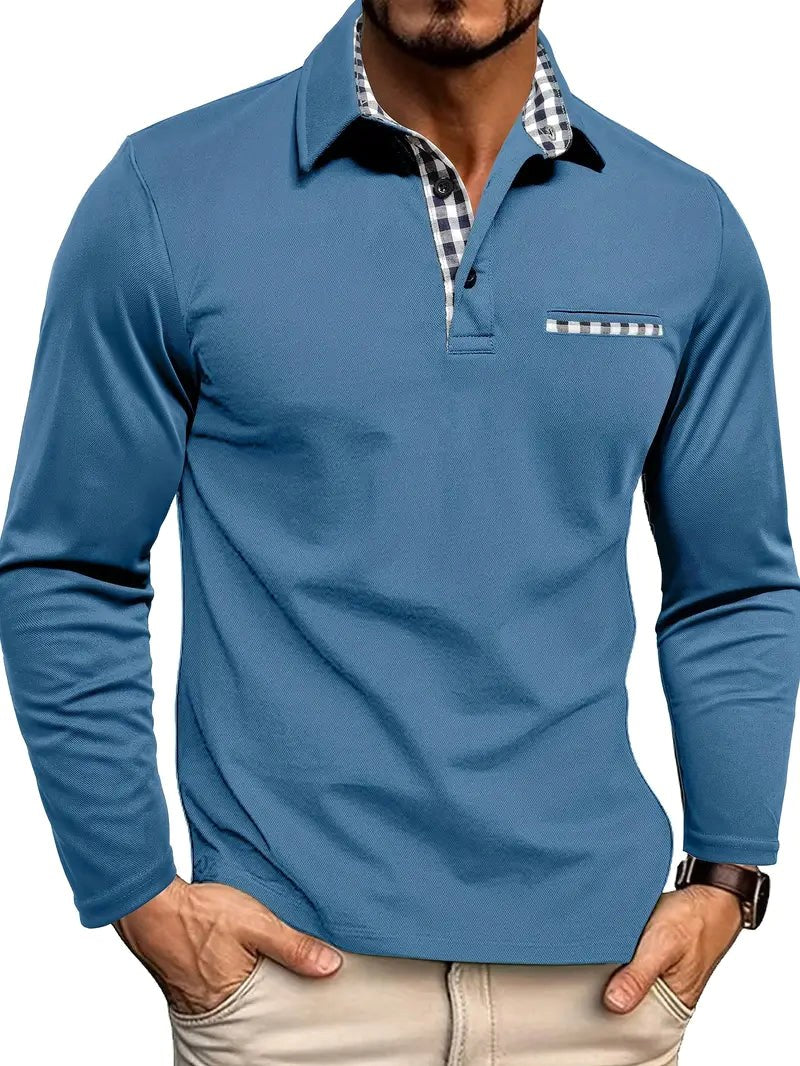 Oliver | Men's Long-Sleeved Polo Shirt, Checked Collar Smart Polo | The Dress Cellar | Light blue