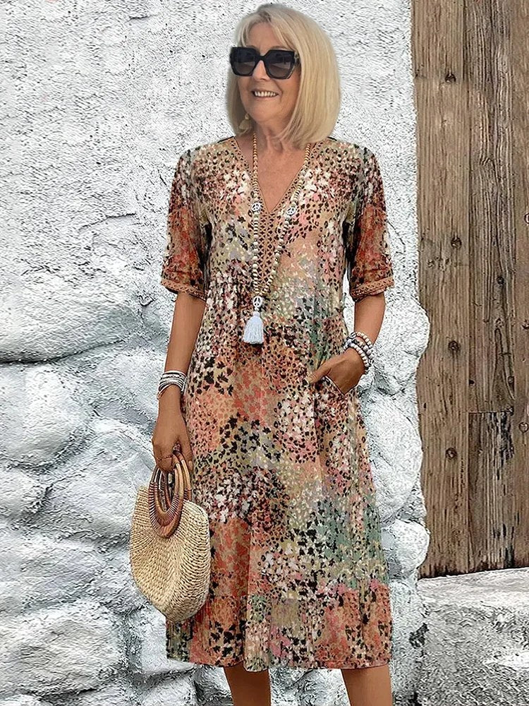 Olivia | Women's Floral Midi Dress with Tummy Coverage - Sandy Beige
