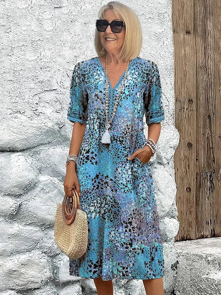 Olivia | Women's Floral Midi Dress with Tummy Coverage - Ocean Blue