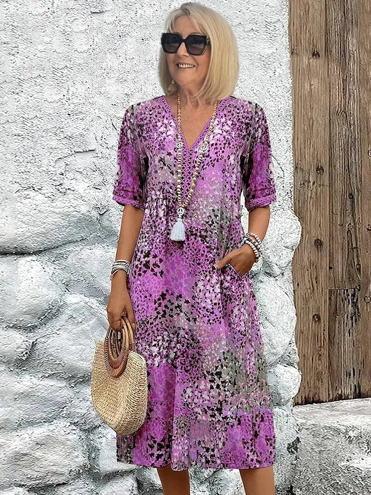 Olivia | Women's Floral Midi Dress with Tummy Coverage - Lavender Purple