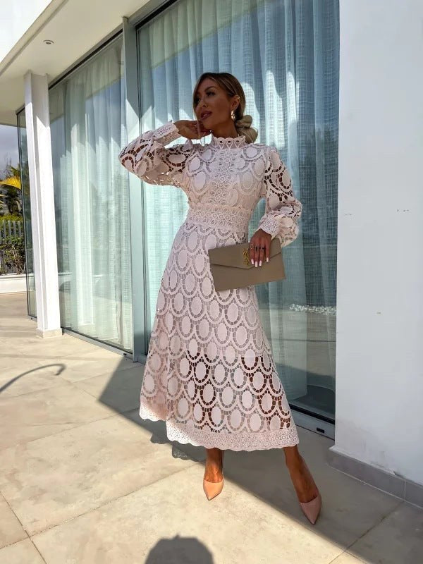Olivia | Women's Lace Midi Dress - Apricot