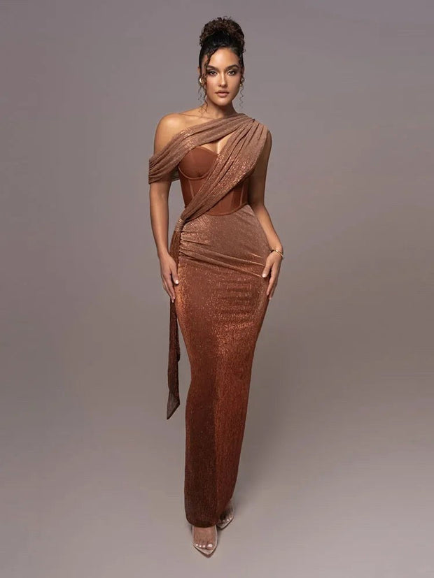 Olivia | Women's One-Shoulder Statement Dress - Brown
