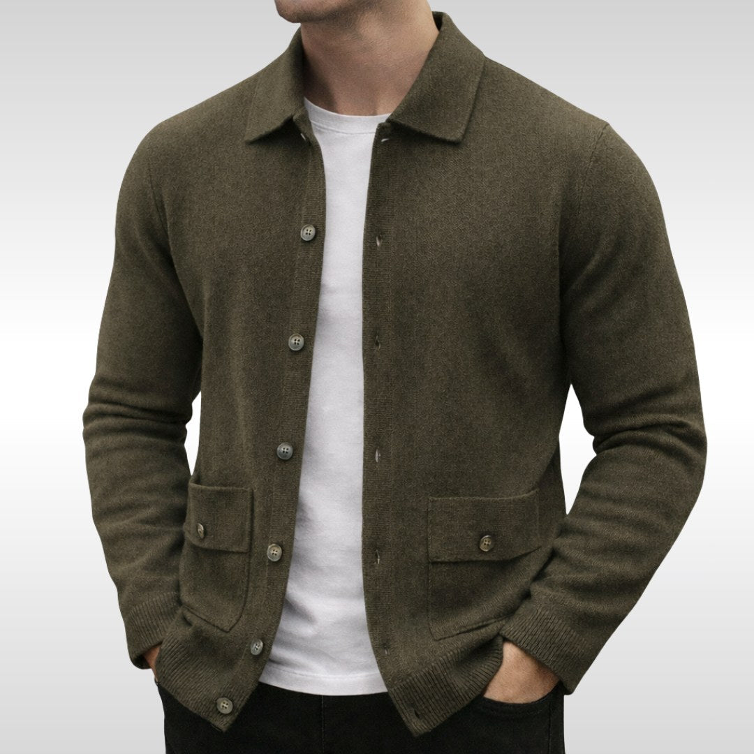Owen | Men's Knit Cardigan, Finely Textured Layer Cardigan | The Dress Cellar | Olive Green