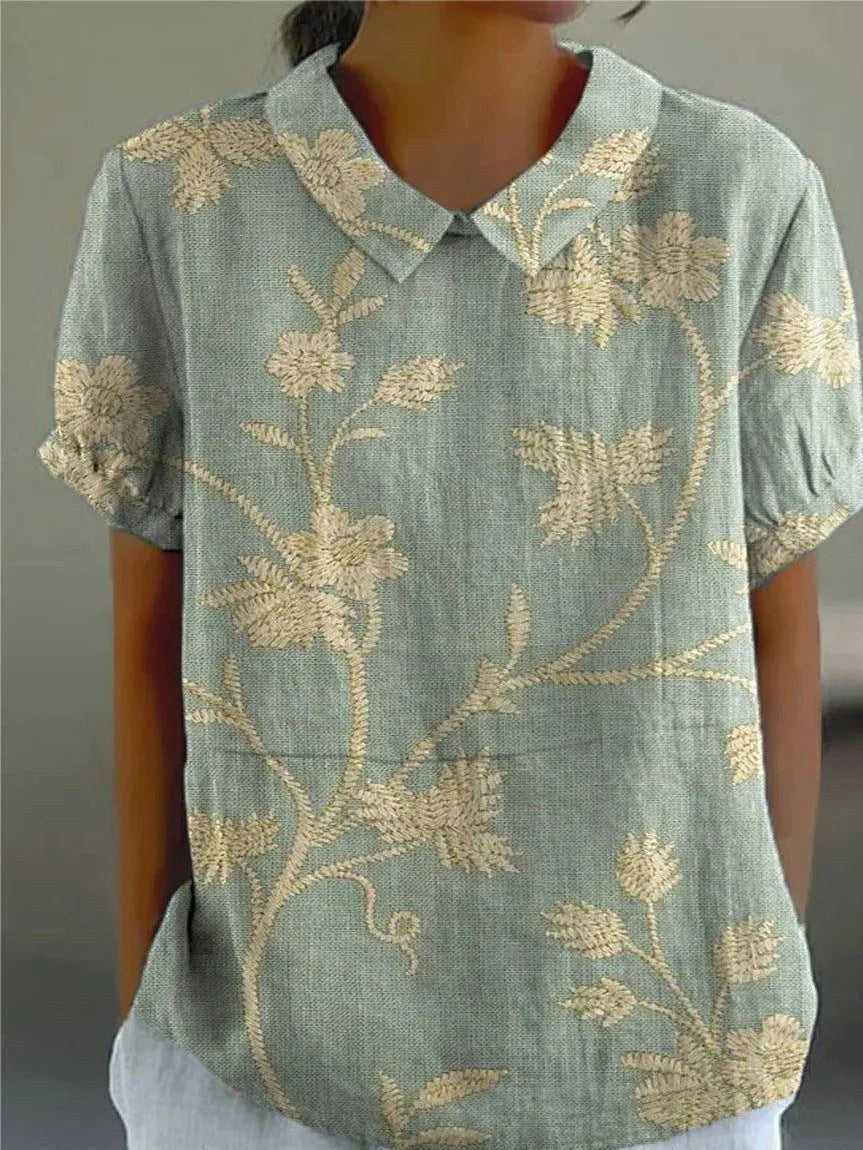 Paige | Women's Floral Print Short Sleeve Shirt - Green-yellow
