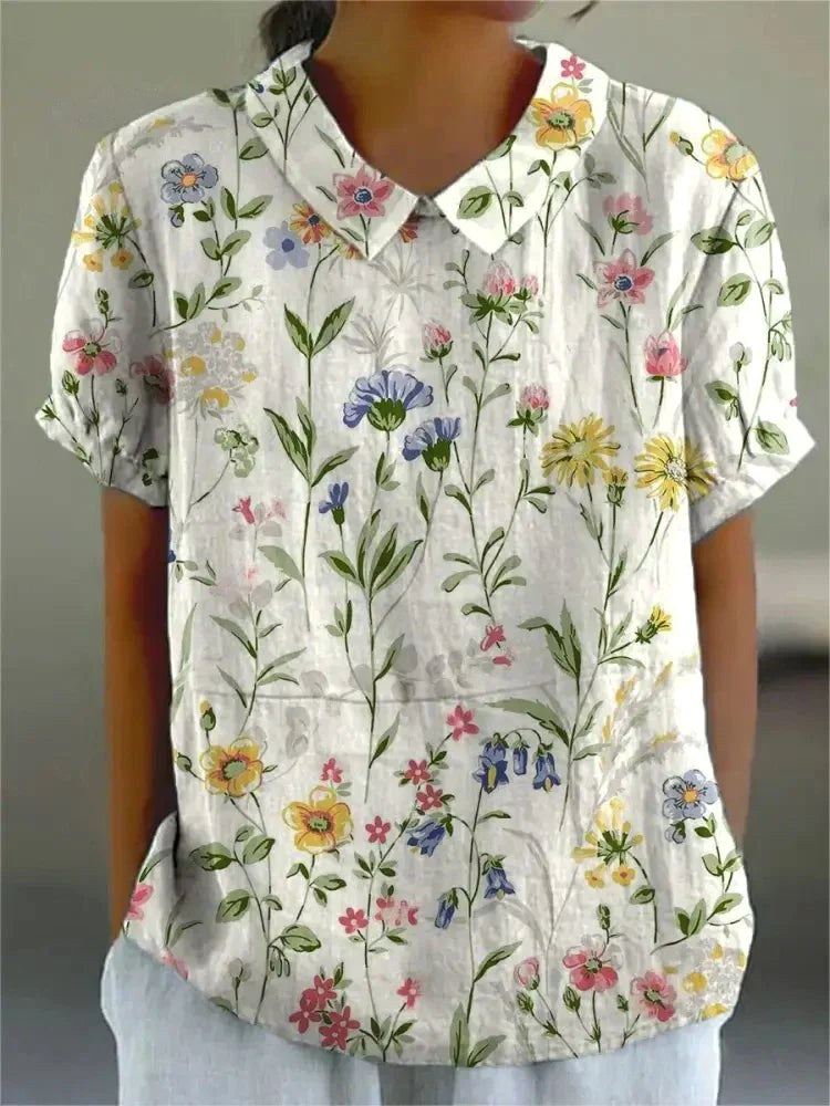 Paige | Women's Floral Print Short Sleeve Shirt - White with flowers