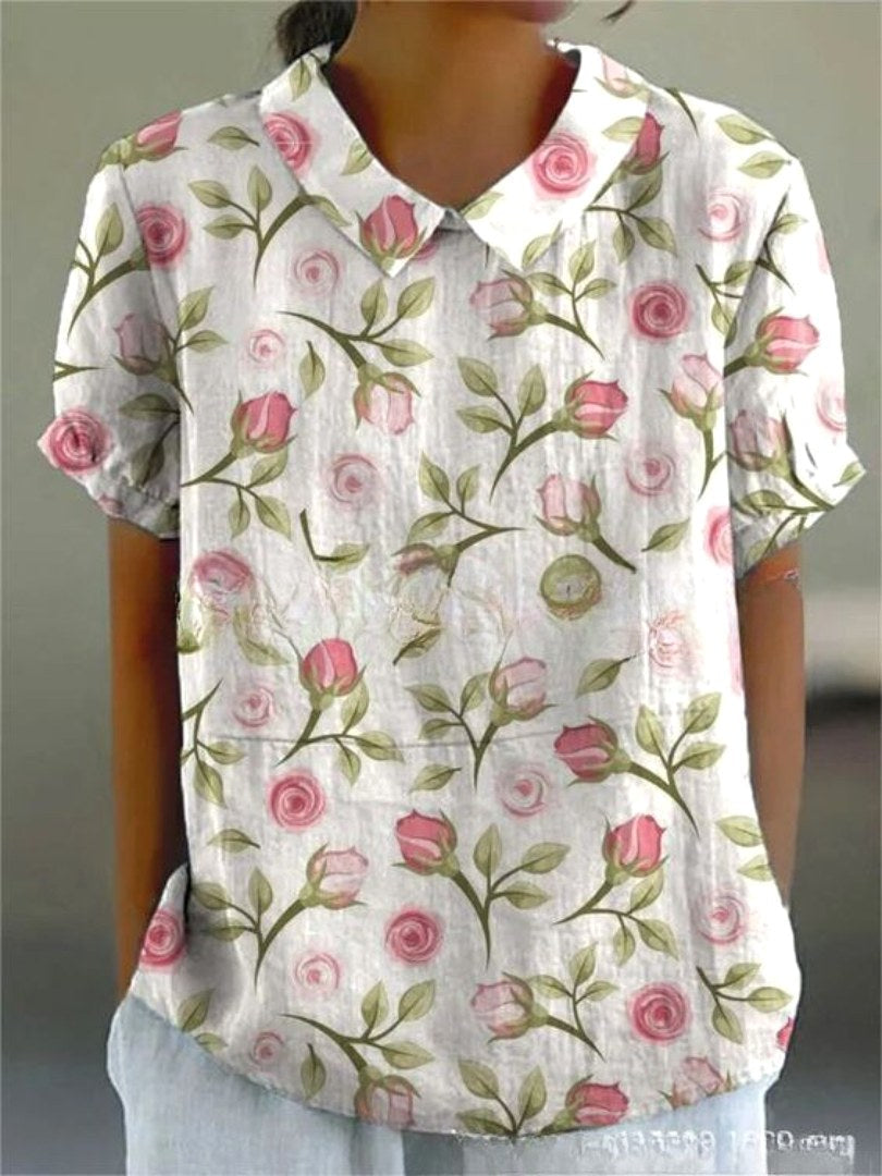 Paige | Women's Floral Print Short Sleeve Shirt - Light pink with floral print