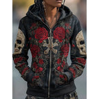 Paige | Women's Skull and Rose Zip-Up Hoodie, Graphic Print Autumn Hoodie | The Dress Cellar | Red