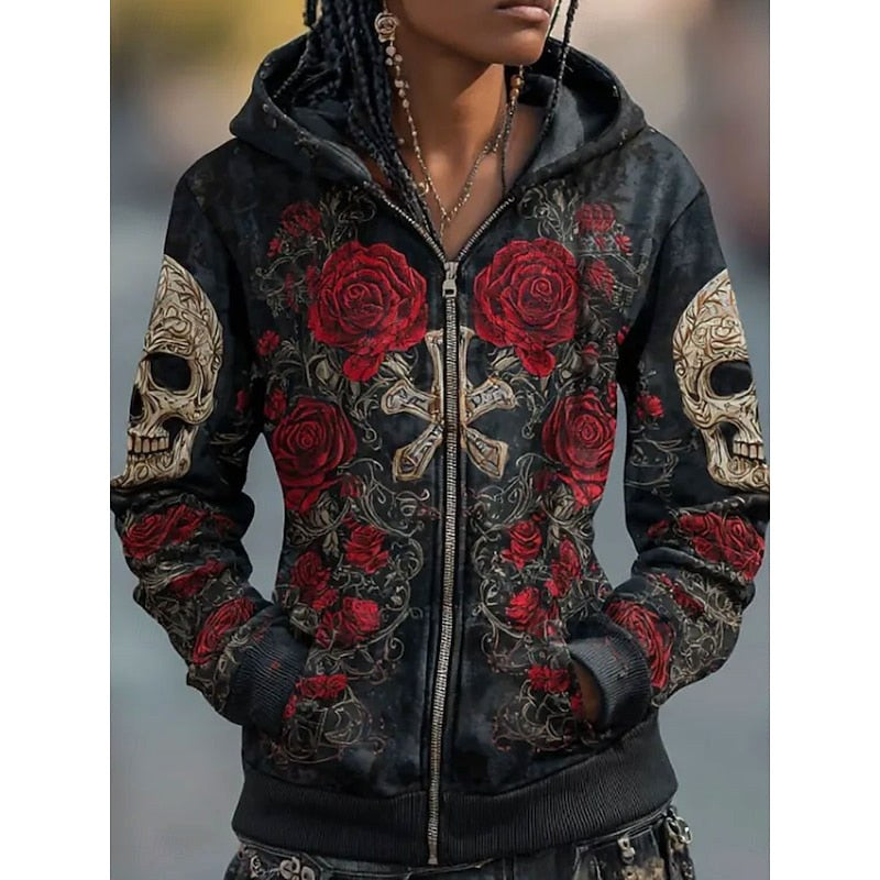 Paige | Women's Skull and Rose Zip-Up Hoodie, Graphic Print Autumn Hoodie | The Dress Cellar | Red