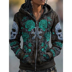 Paige | Women's Skull and Rose Zip-Up Hoodie, Graphic Print Autumn Hoodie | The Dress Cellar | Green