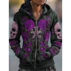 Paige | Women's Skull and Rose Zip-Up Hoodie, Graphic Print Autumn Hoodie | The Dress Cellar | Purple