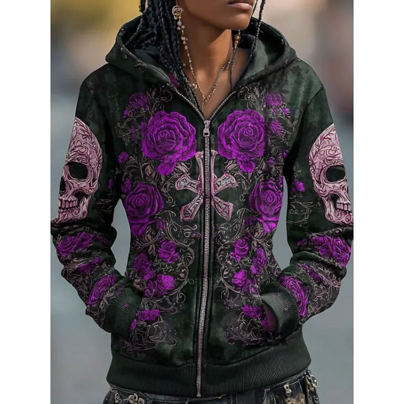 Paige | Women's Skull and Rose Zip-Up Hoodie, Graphic Print Autumn Hoodie | The Dress Cellar | Purple