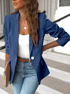 Pauline | Women's Tailored Blazer with Notched Lapel, Single-Button Workwear Blazer | The Dress Cellar | Blue