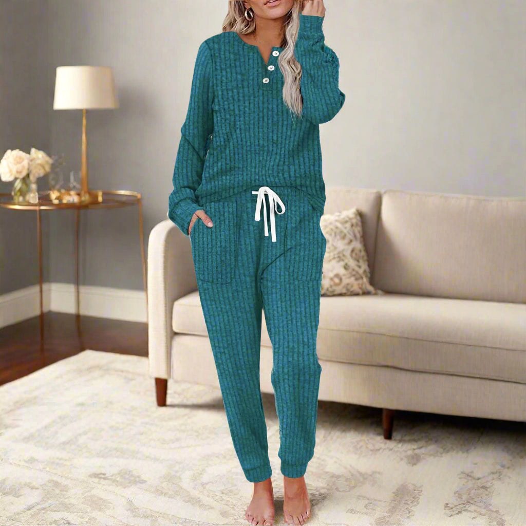 Michelle | Women's Warm Two-Piece Lounge Set, Soft Top and Pants | The Dress Cellar | Green