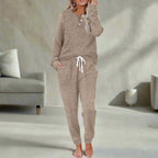 Michelle | Women's Warm Two-Piece Lounge Set, Soft Top and Pants | The Dress Cellar | Khaki