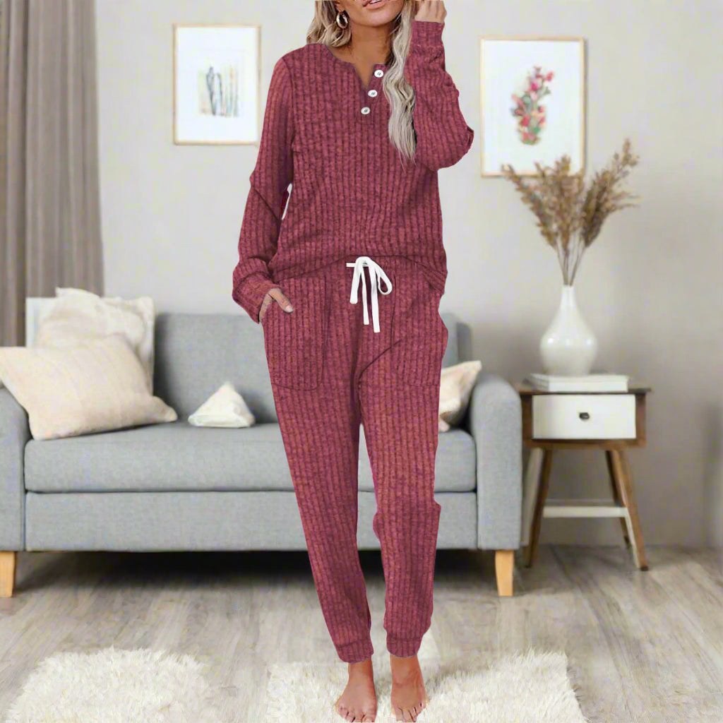 Michelle | Women's Warm Two-Piece Lounge Set, Soft Top and Pants | The Dress Cellar | Blue