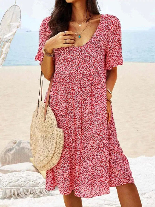 Penelope | Women's Cotton Floral Flutter Sleeve Mini Dress - Red