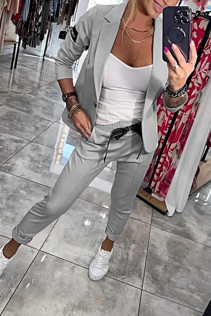 Jenna | Women's Long-Sleeve Button Detail Two-Piece Set, Relaxed Fit Lounge Set | The Dress Cellar