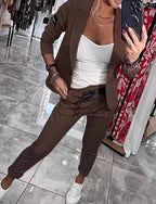 Jenna | Women's Long-Sleeve Button Detail Two-Piece Set, Relaxed Fit Lounge Set | The Dress Cellar