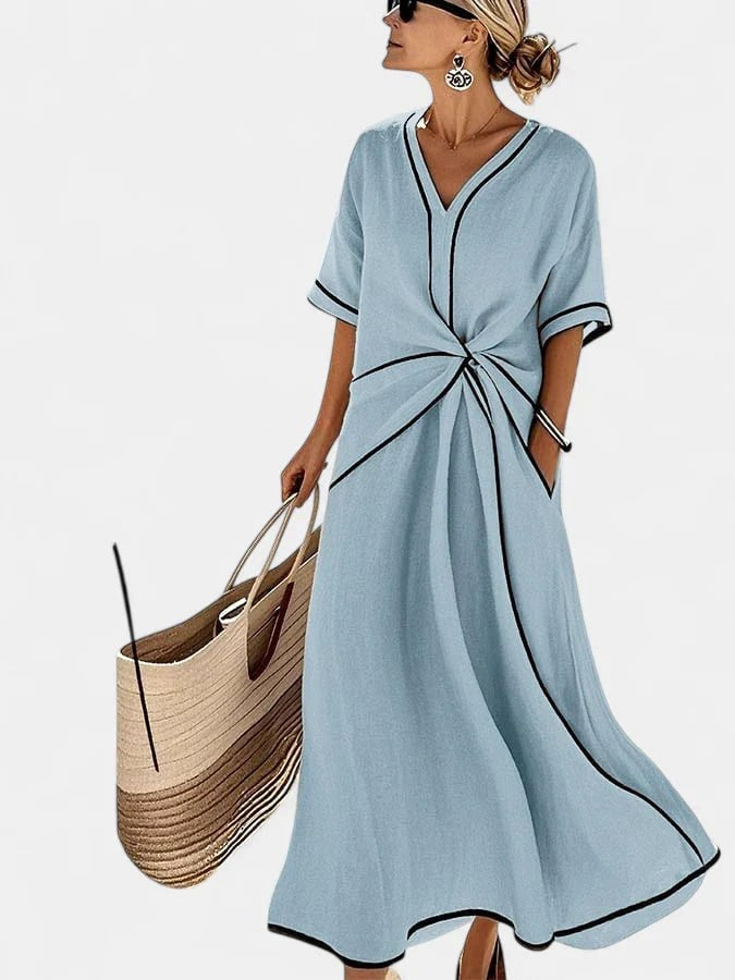 Peyton | Women's Striped Elegant Summer Dress - Beige