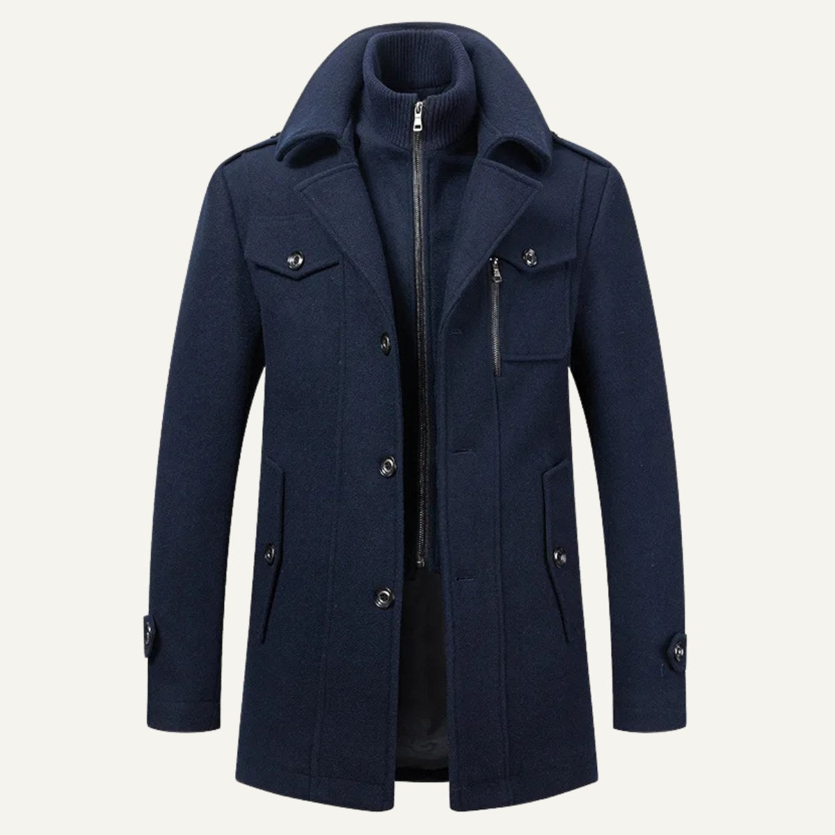 Preston | Men's Double Collar Wool Trench Coat, Tailored Business Coat | The Dress Cellar | Navy Blue
