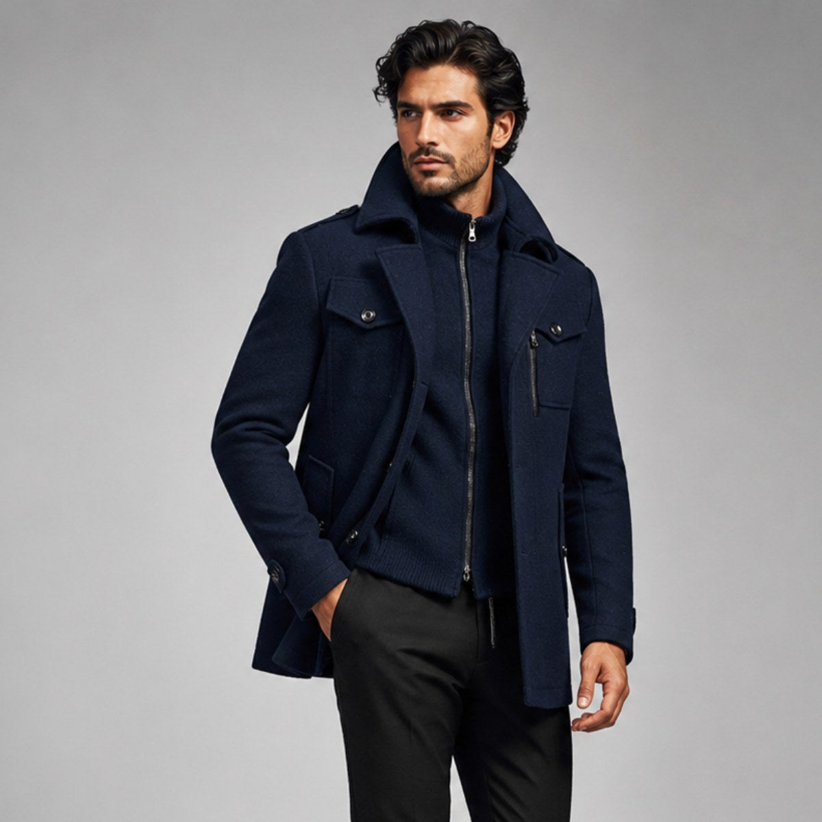 Preston | Men's Double Collar Wool Trench Coat, Tailored Business Coat | The Dress Cellar | Black