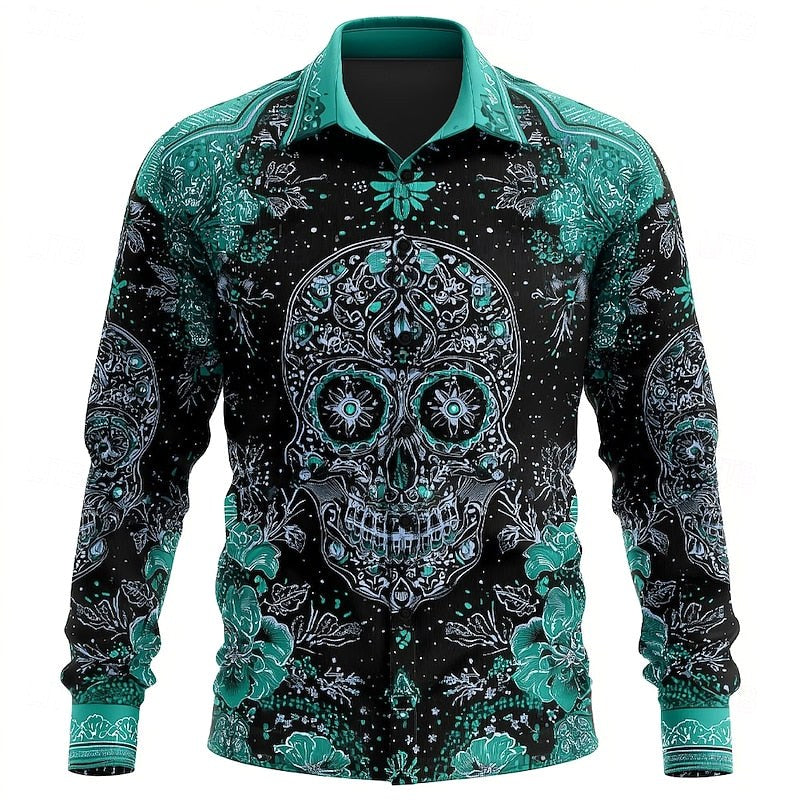 Preston | Men's Skull Button-Up Shirt, Relaxed Fit Casual Shirt | The Dress Cellar | Blue