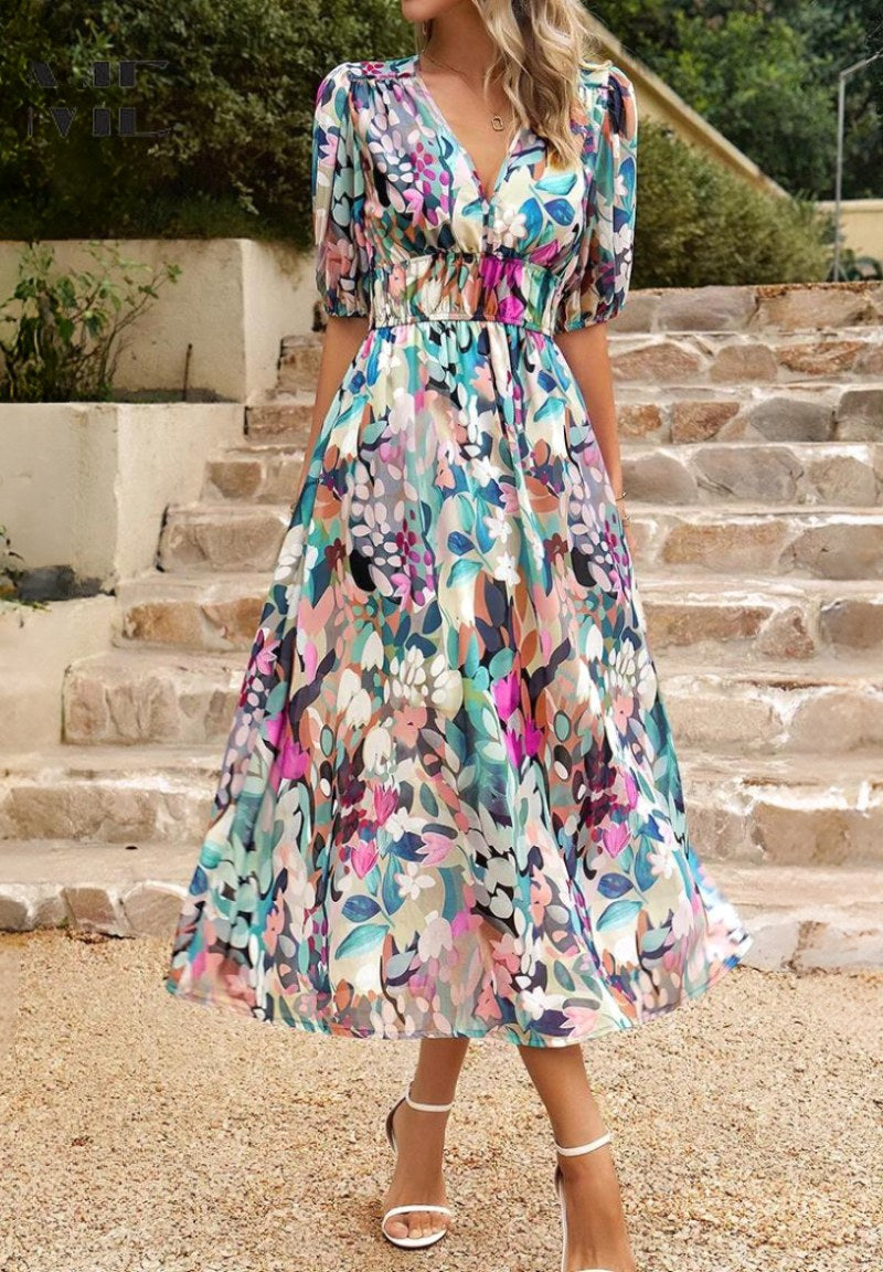 Rachel | Women's Elegant Floral Midi Dress - Black
