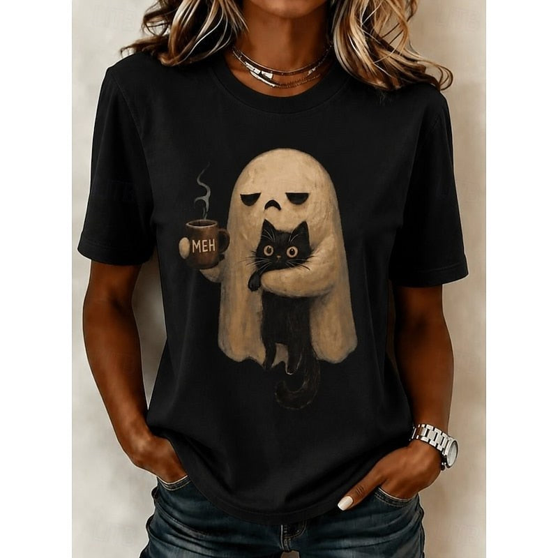 Rachel | Women's Ghost Cat Halloween Graphic Tee, Relaxed Crew Neck T-Shirt | The Dress Cellar | Black