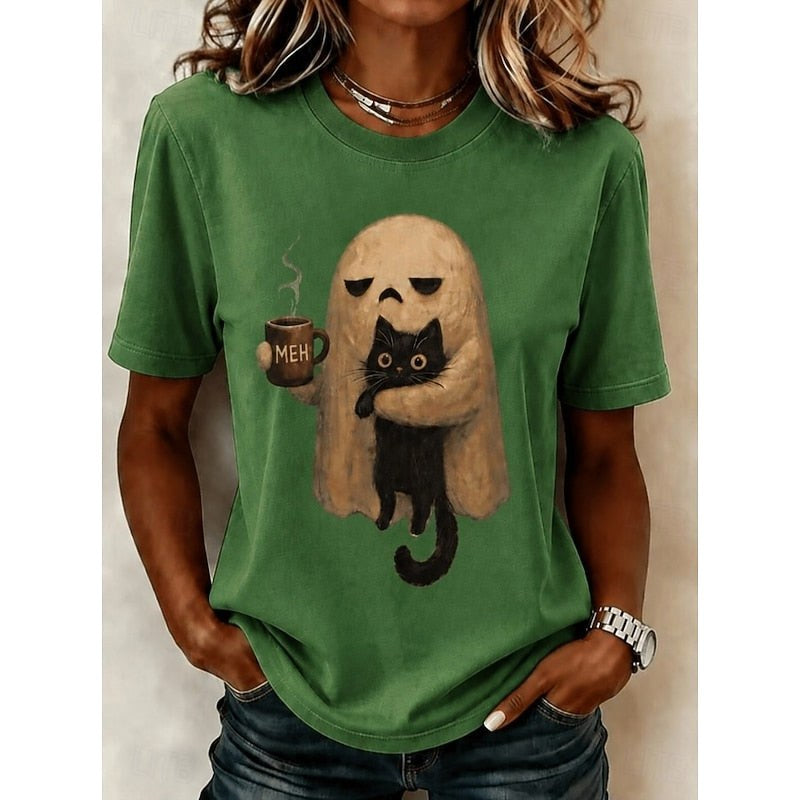 Rachel | Women's Ghost Cat Halloween Graphic Tee, Relaxed Crew Neck T-Shirt | The Dress Cellar
