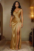 Renee | Women's Satin Maxi Dress with Draping and Side Slit, Elegant Evening Gown | The Dress Cellar