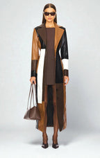 Denise | Women's Leather Jacket with Quilted Panels, Fitted Fall Jacket | The Dress Cellar | Brown Colorblock