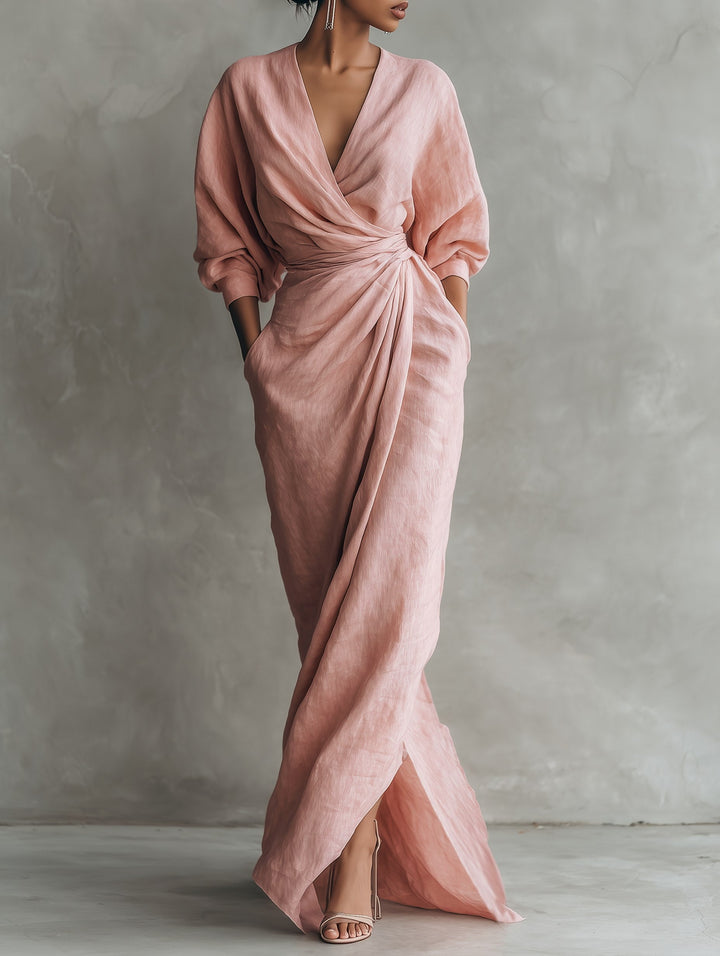 Riley | Women's Pink V-Neck Linen Blend Maxi Dress - Pink