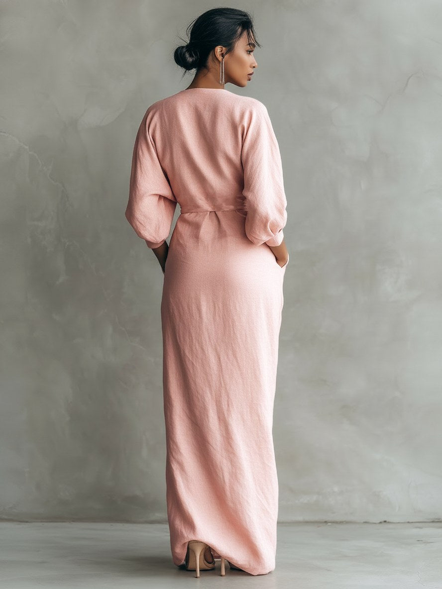 Riley | Women's Pink V-Neck Linen Blend Maxi Dress - Brown