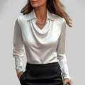 Rose | Women's Draped Neck Long Sleeve Satin Blouse - White