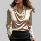 Rose | Women's Draped Neck Long Sleeve Satin Blouse - Yellow