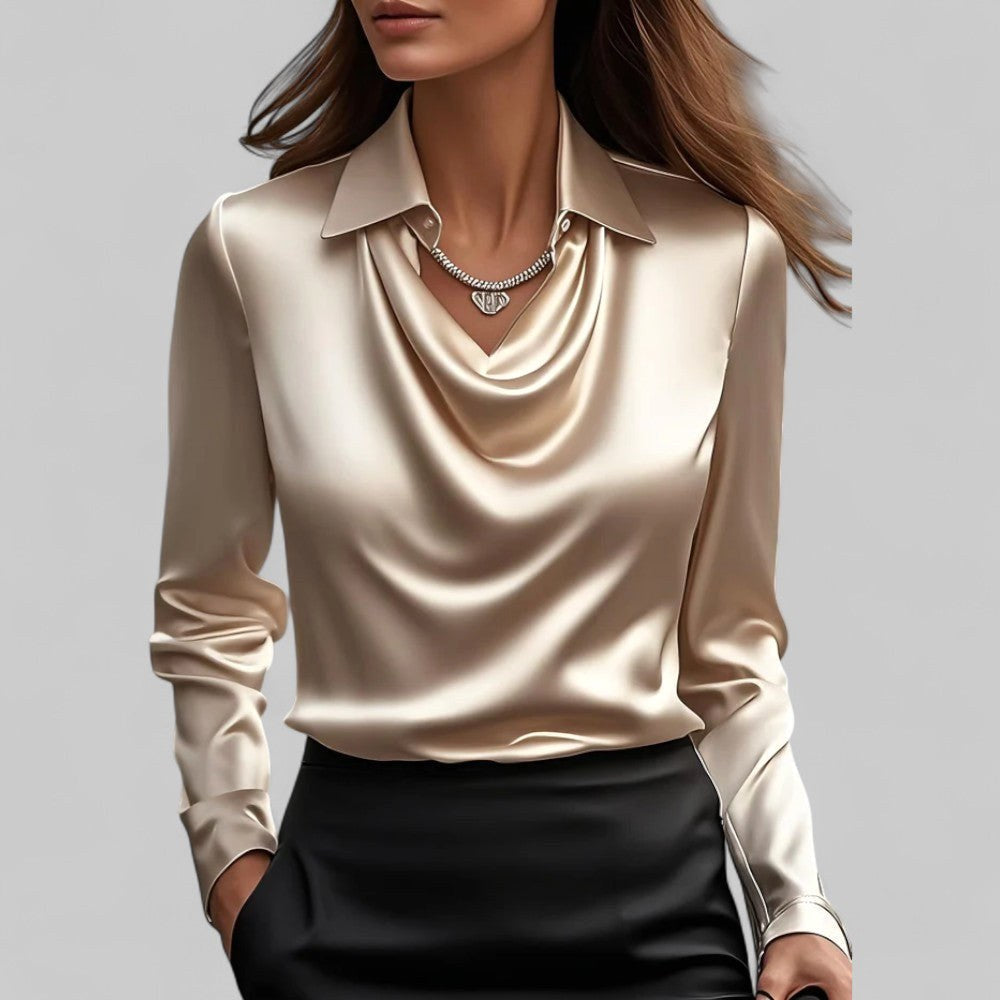 Rose | Women's Draped Neck Long Sleeve Satin Blouse - Yellow