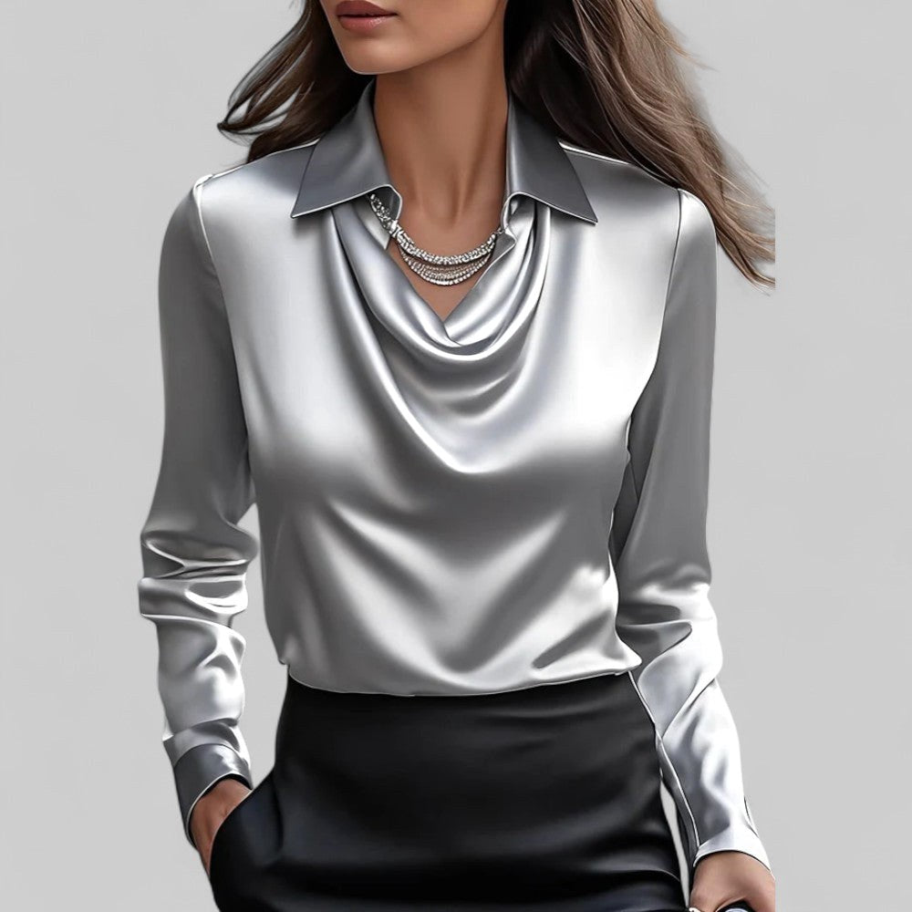 Rose | Women's Draped Neck Long Sleeve Satin Blouse - Black