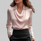 Rose | Women's Draped Neck Long Sleeve Satin Blouse - Navy Blue