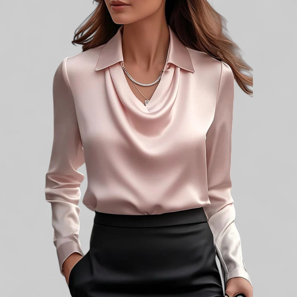 Rose | Women's Draped Neck Long Sleeve Satin Blouse - Navy Blue