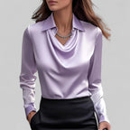 Rose | Women's Draped Neck Long Sleeve Satin Blouse - Red